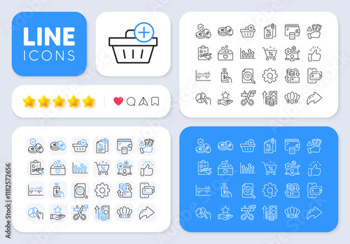 Pie chart, Inflation and Analytics chart line icons for web app. Message, Share, Like social media icons. Pack of Money change, Column diagram, Savings pictogram icons. Vector