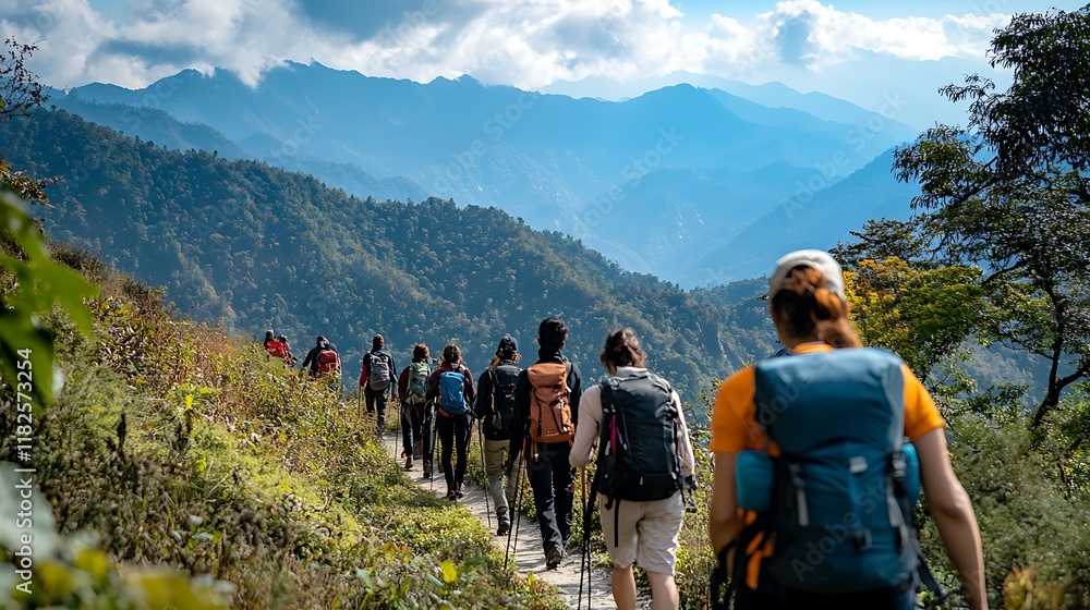 Obraz premium Hikers Trek Through Majestic Mountain Ranges