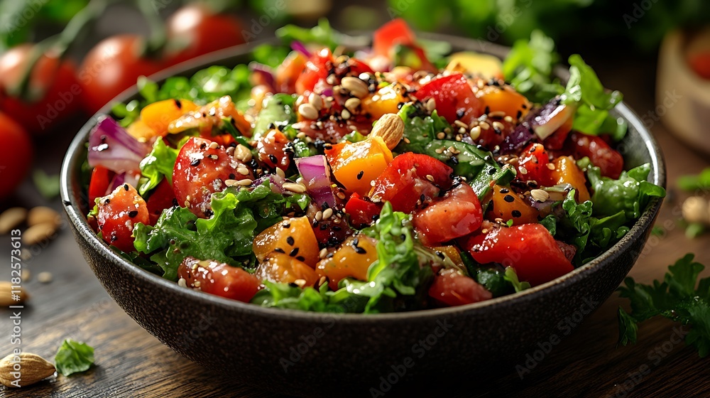 A vibrant salad with tomatoes peppers almonds and seeds
