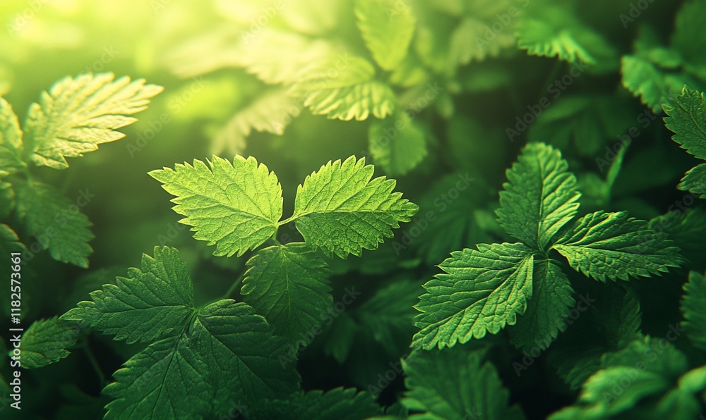 Lush green leaves bathed in sunlight; nature background Lush green leaves bathed in sunlight; nature background