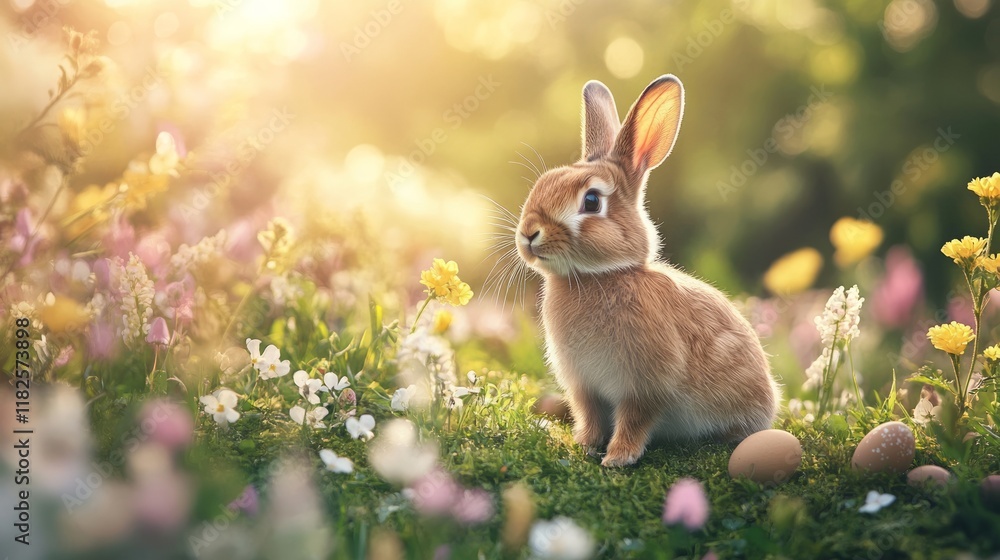 Cute rabbit among spring flowers in sunlit meadow Cute rabbit among spring flowers in sunlit meadow