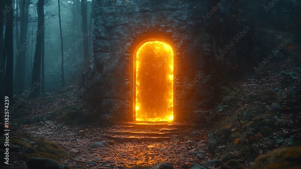 Obraz premium Fiery Portal Beckons Within A Misty Forest