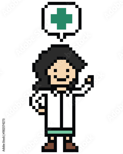 Cute pixel cartoon 8bit character woman doctor or scientist game care for decoration pharmacist female doctor lady uniform in hospital 8 bit pixel art 8bit png vector.