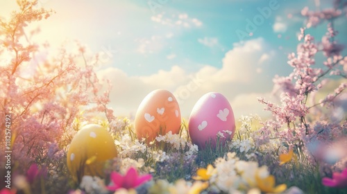 Colorful easter eggs in a blooming spring meadow under blue sky photo