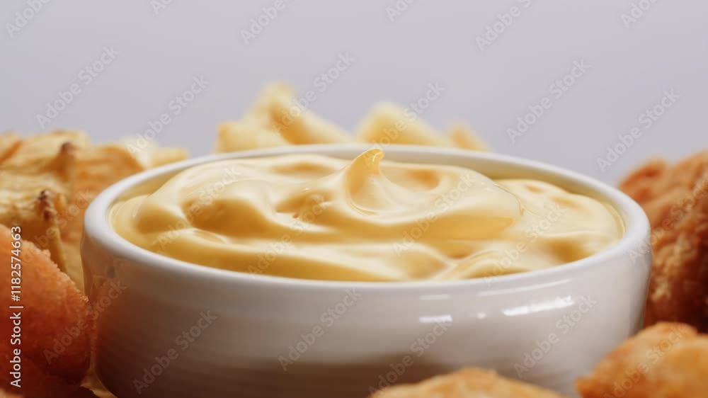 Curry cheese lemon sauce close up, fast food cafe Pouring fries potato and fry chicken in mayo yellow creamy cheese sauce close-up. Eat chicken nuggets with Peruvian sauce. Fast and junk food concept. Curry cheese lemon sauce close up, fast food cafe Pouring fries potato and fry chicken in mayo yellow creamy cheese sauce close-up. Eat chicken nuggets with Peruvian sauce. Fast and junk food concept.