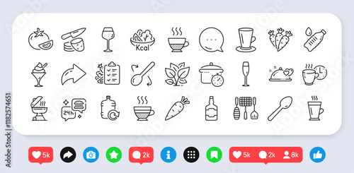 Whiskey bottle, Cafe creme and Carrot line icons pack. Social media: share, comment, like icons. Coffee break, Ice cream, Salad web icon. Grill, Potato chips, Diet menu pictogram. Vector