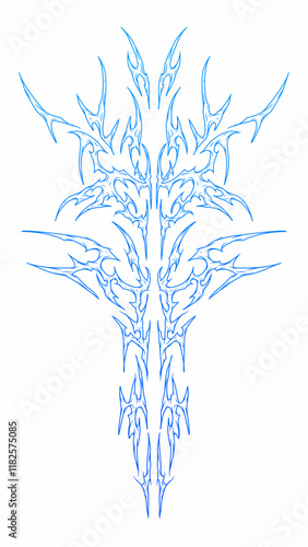 dynamic symmetrical neo tribal design with sharp flame blue lines, cyber gothic style and futuristic aesthetics. Ideal for tattoos, digital art, and bold graphic projects