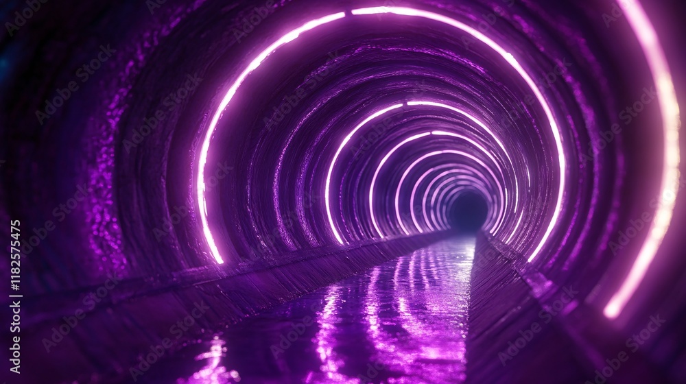Illuminated tunnel with vibrant purple lights and reflective water surface Illuminated tunnel with vibrant purple lights and reflective water surface