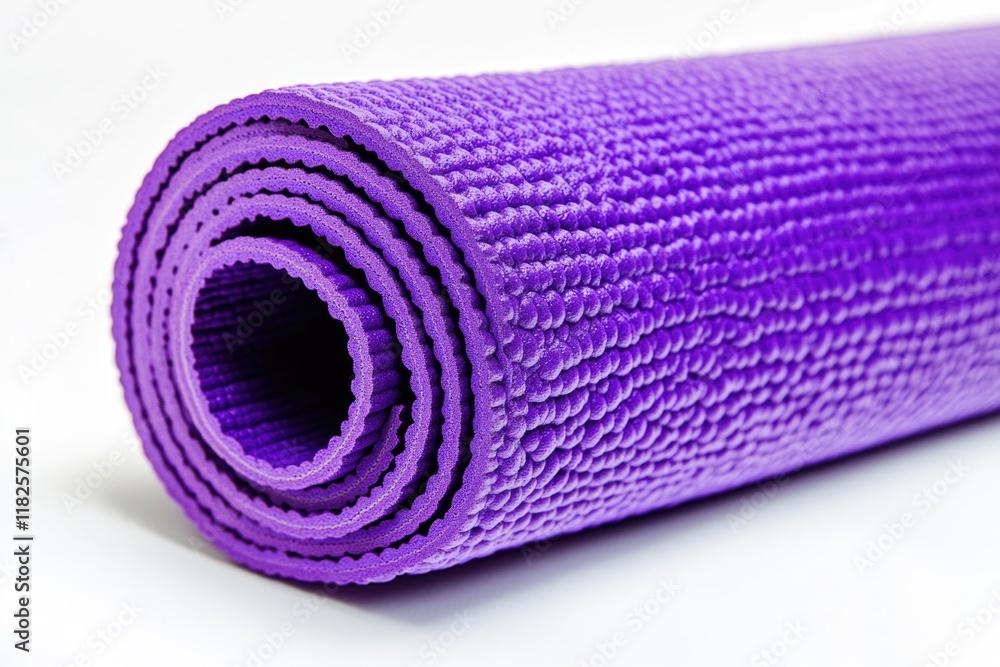 A purple yoga mat rolled up on a white surface, perfect for storage or travel A purple yoga mat rolled up on a white surface, perfect for storage or travel
