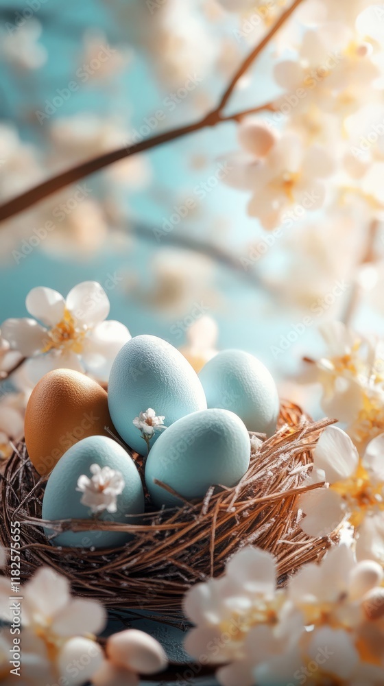 Fototapeta premium Springtime nest with colorful easter eggs amid blossoming branches