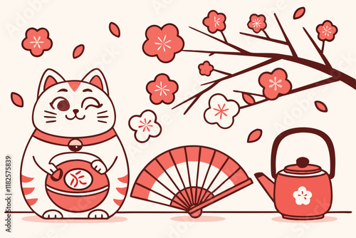 Japanese New Year, kawaii style, traditional motifs, lucky charms, maneki-neko, daruma doll, cherry blossoms, fan, koi fish, kadomatsu, mochi, lucky cat, teapot, temari ball, red and pink color scheme