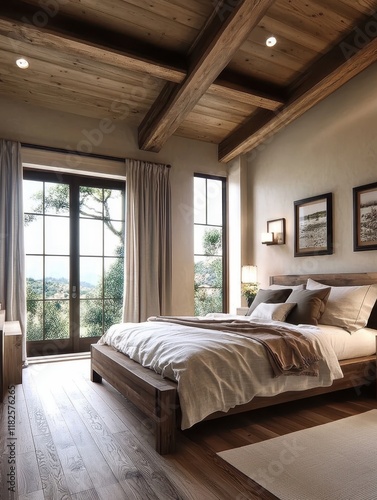 Cozy rustic bedroom, exposed wooden beams, large windows with garden view, neutral color palette, soft natural light, minimalist decor, linen bedding, hardwood floors, ceiling fan, framed botanical pr
