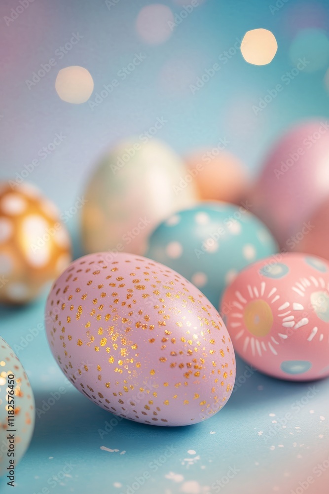 Colorful easter eggs with gold patterns on blue background Colorful easter eggs with gold patterns on blue background