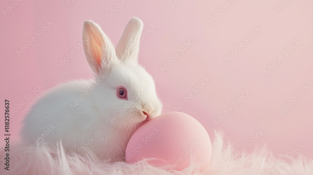 Obraz premium Cute white bunny with pink egg on soft fluffy surface