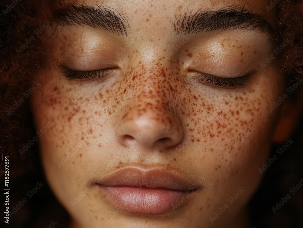 Fototapeta premium close-up of a young mixed-race woman showcasing her freckles, with her eyes gently closed, embracing natural beauty and a serene expression, highlighting diversity and individuality