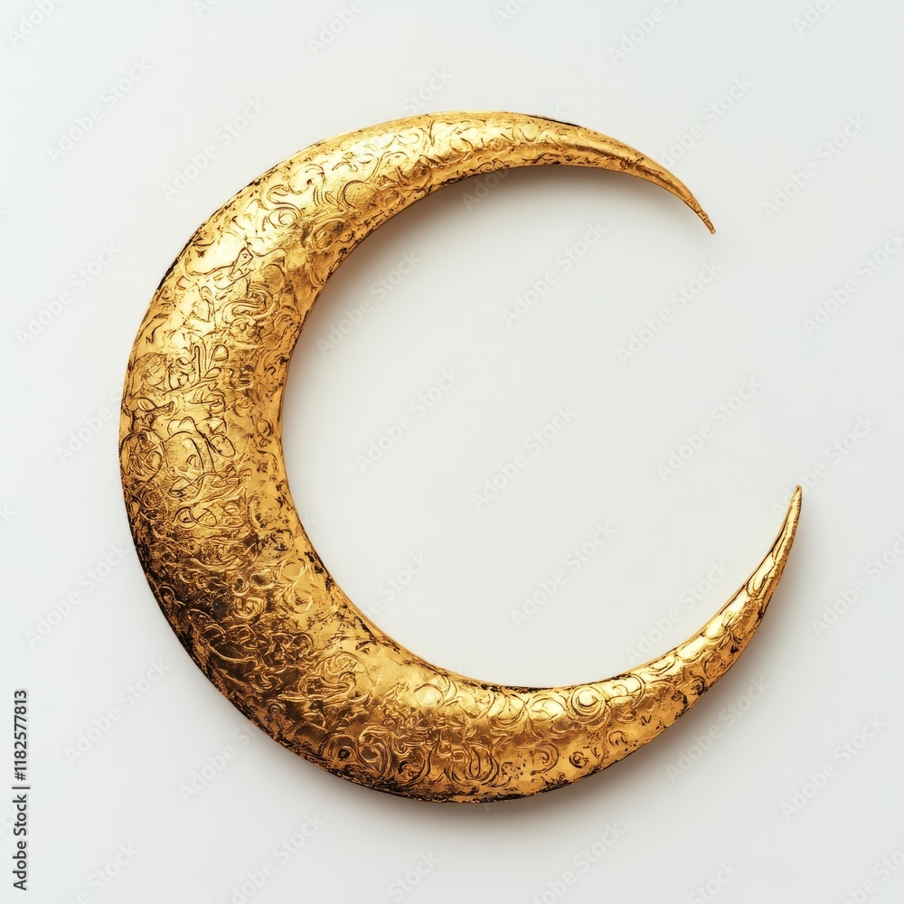 Minimalist golden crescent moon with Arabic calligraphy accents on a clean white background Minimalist golden crescent moon with Arabic calligraphy accents on a clean white background