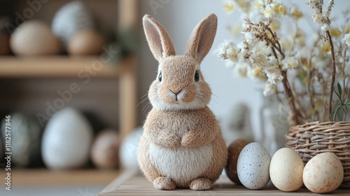 Cute rabbit with easter eggs and flowers on wooden table photo