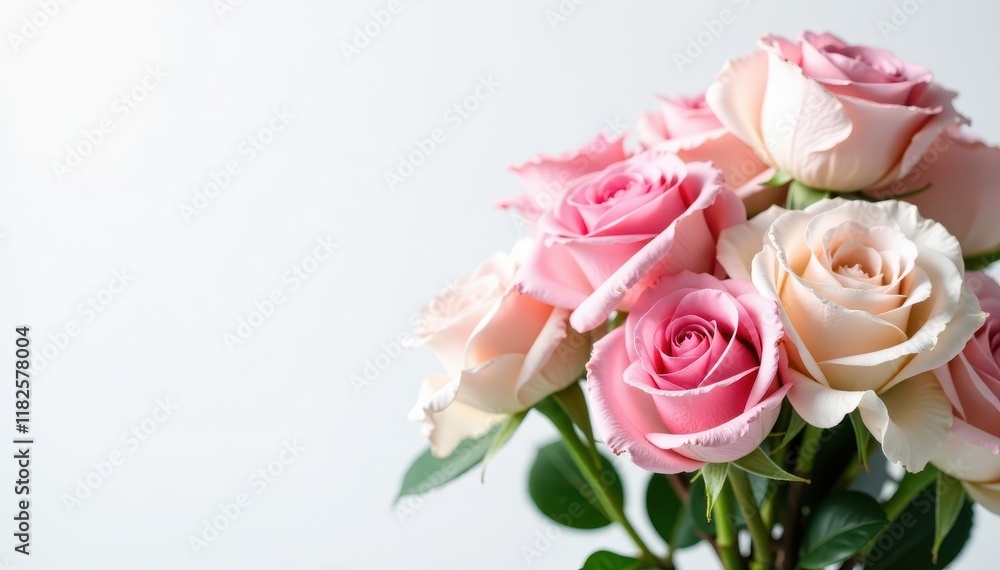 Elegant pink and white rose arrangement, pure white backdrop, pink roses, elegance Elegant pink and white rose arrangement, pure white backdrop, pink roses, elegance