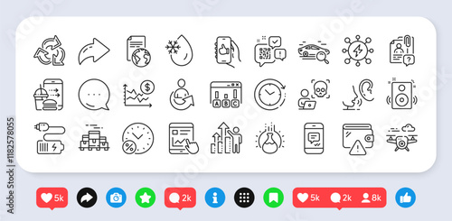 Recycle, Share and Drone line icons pack. Social media: share, comment, like icons. Survey results, Dollar rate, Qr code web icon. Translation service, Boxes pallet, Search employee pictogram. Vector