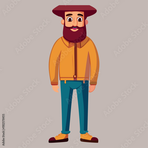 Bearded Man in Hat and Casual Clothes – Vector Cartoon Illustration