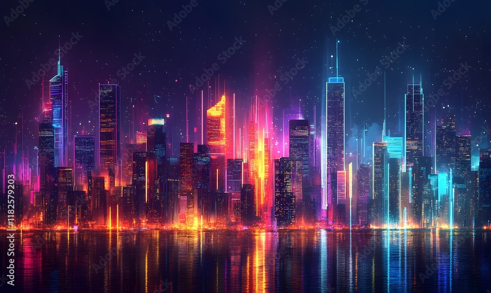 city skyline where glowing neon lines form the buildings, with colorful lines city skyline where glowing neon lines form the buildings, with colorful lines