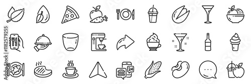 Apple carrot, Restaurant app and Water drop line icons pack. Share, Message, Paper plane icons. Juice, Pistachio nut, Ice cream web icon. Pizza, Mint leaves, Food app pictogram. Vector