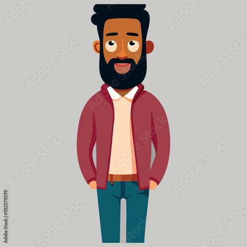 Cartoon Man with Beard in Red Jacket – Vector Illustration