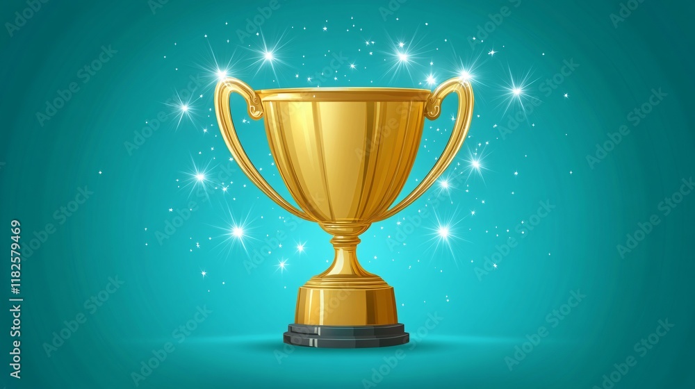 Shiny golden trophy illuminated by sparkling lights on a turquoise background Shiny golden trophy illuminated by sparkling lights on a turquoise background