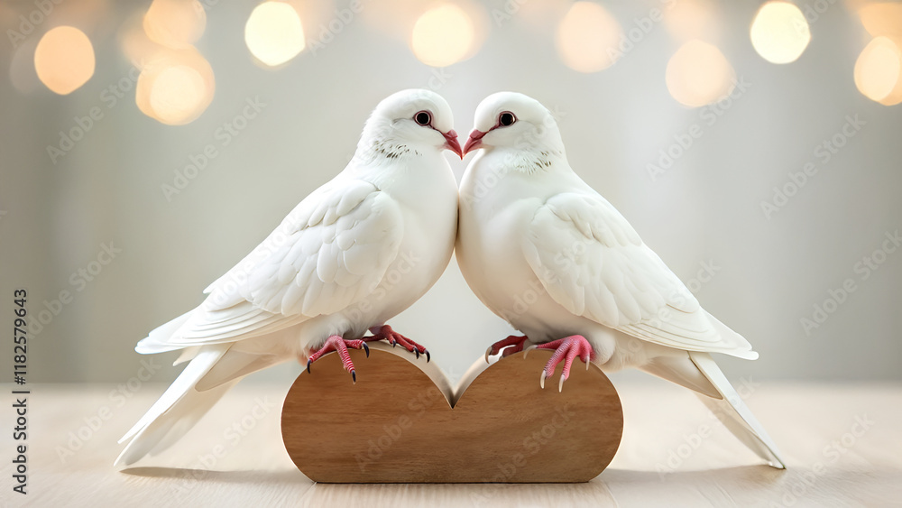 Two beautiful white doves nuzzling closely together on a rustic wooden surface, symbolizing love and peace.
