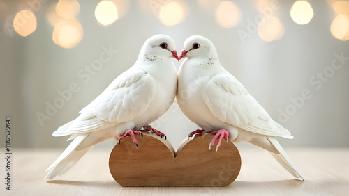 Obraz na płótnie Two beautiful white doves nuzzling closely together on a rustic wooden surface, symbolizing love and peace. w salonie
