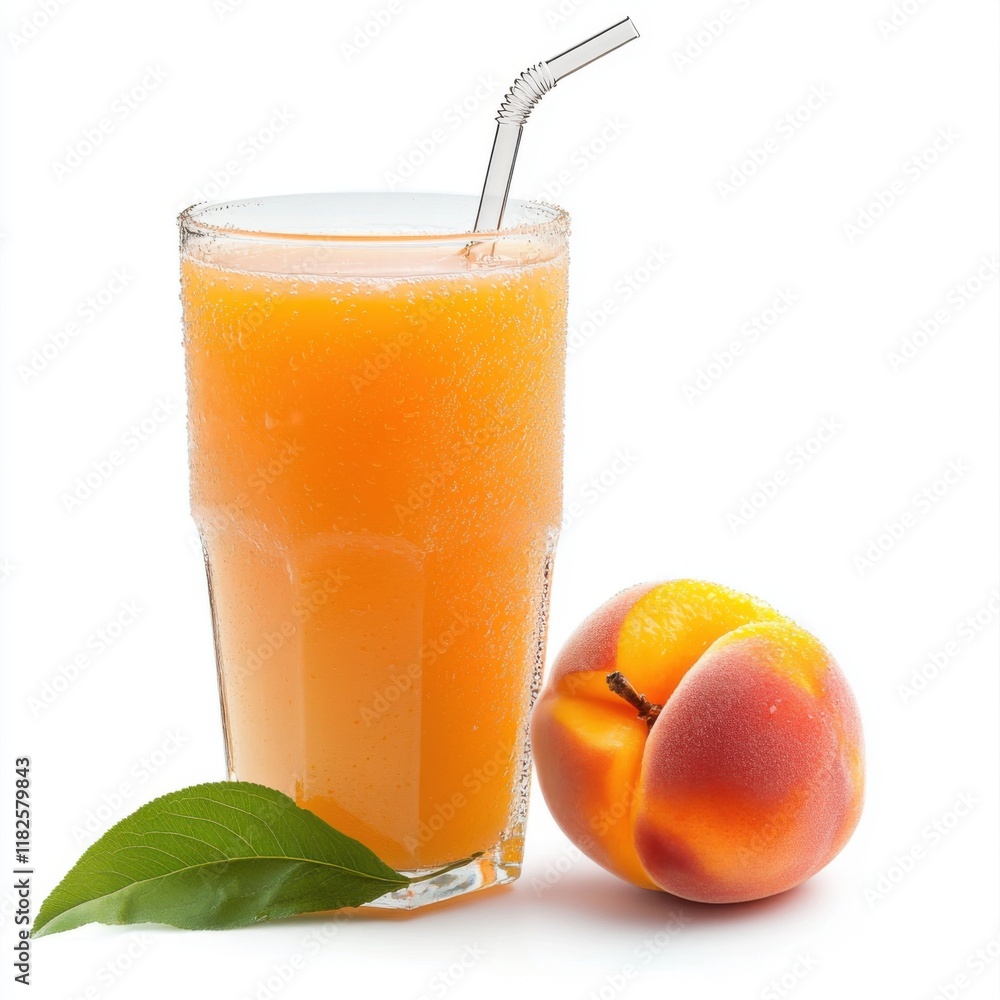 Glass of peach juice with straw and fresh peach and green leaf isolated on white background, close-up. Glass of peach juice with straw and fresh peach and green leaf isolated on white background, close-up.