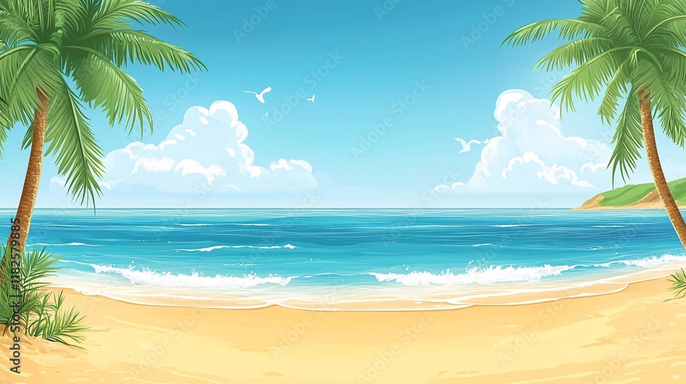 Obraz premium Seaside landscape with palm trees and calm waves under a bright blue sky