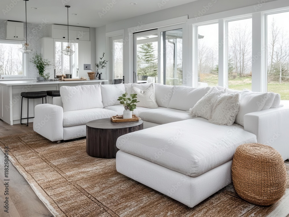 cozy modern living room interior with plush white sectional sofa, textured brown area rug, natural light, and minimalist scandinavian design elements cozy modern living room interior with plush white sectional sofa, textured brown area rug, natural light, and minimalist scandinavian design elements