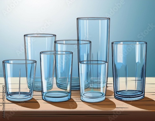 empty water glasses various styles arranged casually clear glass glassware drinking glasses tumblers highball glasses rocks glasses short glasses tall glasses beverage glasses barware kitchenware photo