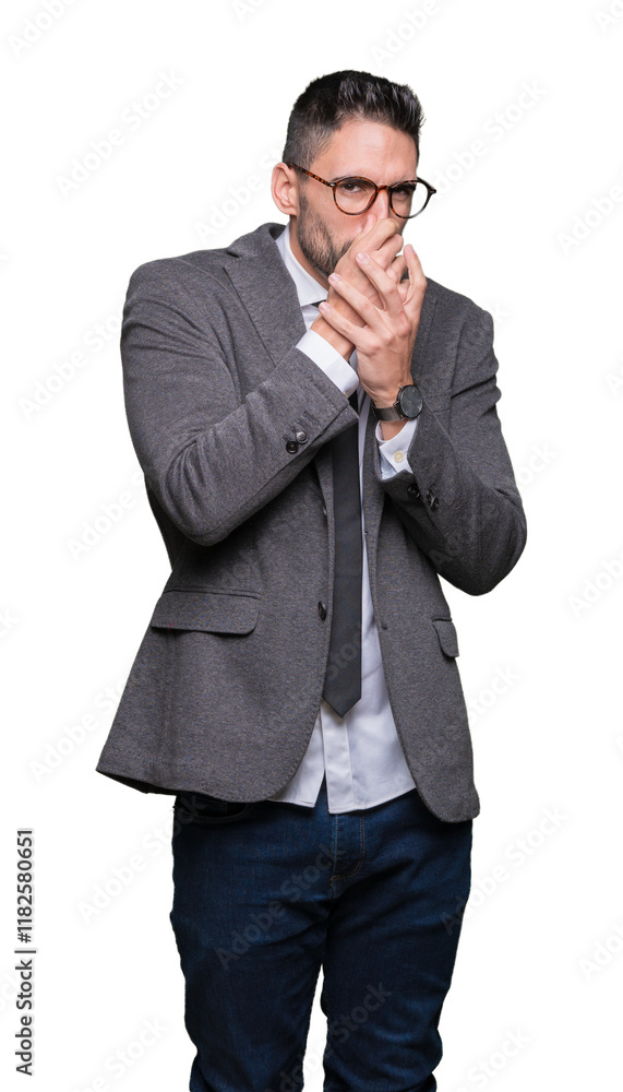 Young handsome business man over isolated background smelling something stinky and disgusting, intolerable smell, holding breath with fingers on nose. Bad smells concept. Young handsome business man over isolated background smelling something stinky and disgusting, intolerable smell, holding breath with fingers on nose. Bad smells concept.