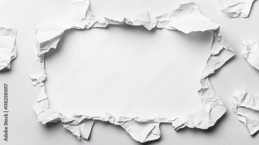 Crumpled white paper with torn edges creating a blank space for text or design Crumpled white paper with torn edges creating a blank space for text or design