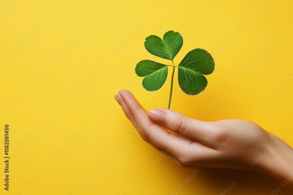 Hand holding four-leaf clover against vibrant yellow background Hand holding four-leaf clover against vibrant yellow background
