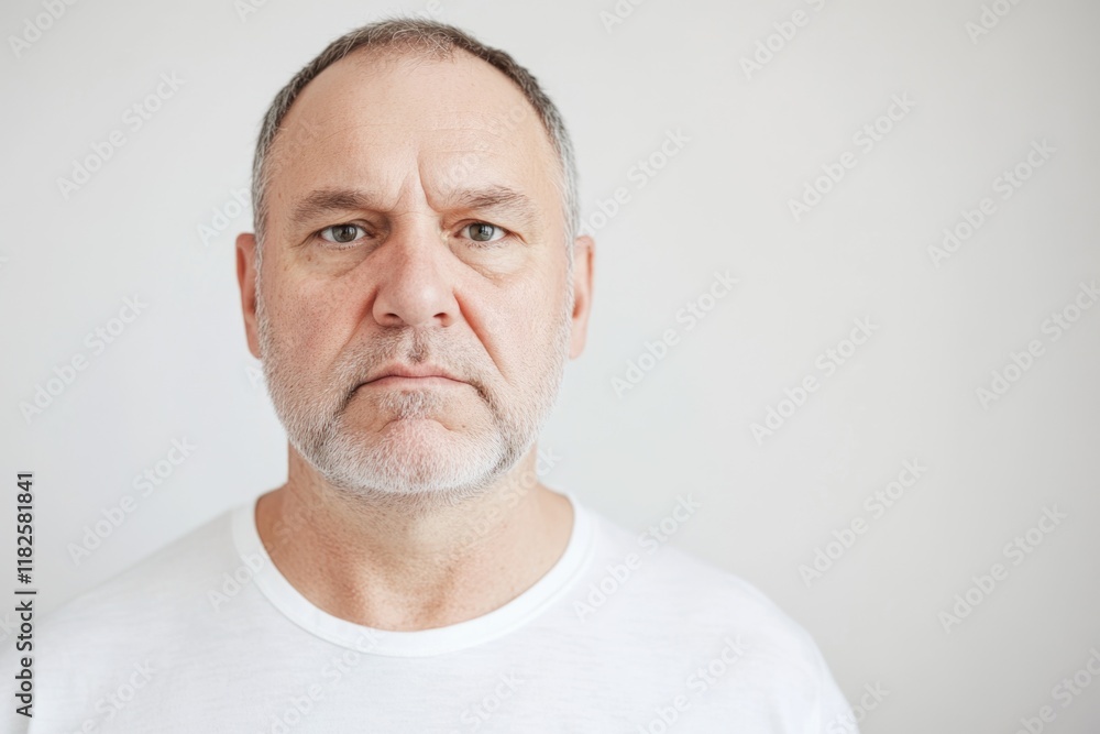 A person wearing a white shirt looks directly into the camera A person wearing a white shirt looks directly into the camera
