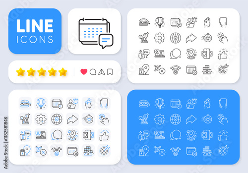 Air balloon, 5g wifi and Timer line icons for web app. Message, Share, Like social media icons. Pack of Target purpose, Cursor, Global insurance pictogram icons. Vector