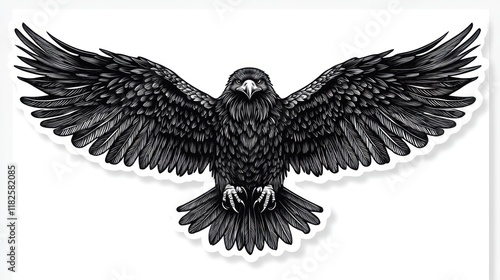 Flying raven with wings spread in a white void; possible digital print, tattoo