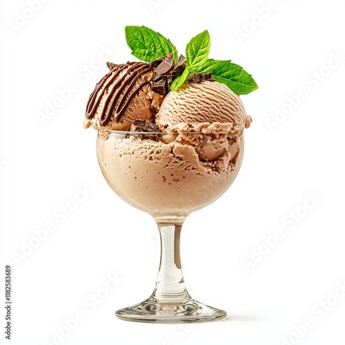 Delicious ice cream dessert served in a glass cup, featuring creamy scoops and garnished with mint leaves. photo