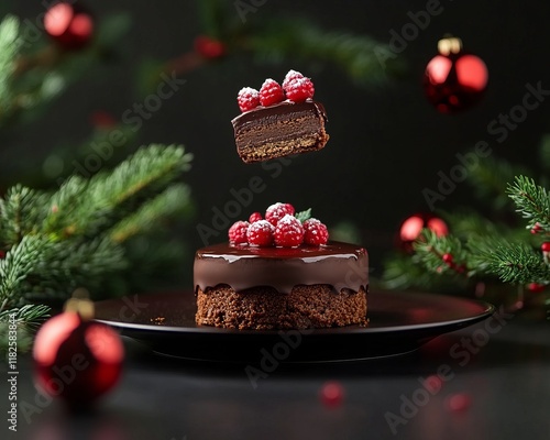 Wallpaper Mural Decadent chocolate cake with raspberries and holiday decorations in a festive setting Torontodigital.ca