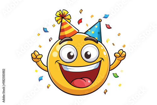 Festive emoji character celebrating with colorful confetti, wearing a party hat and expressing joy and excitement for special occasions