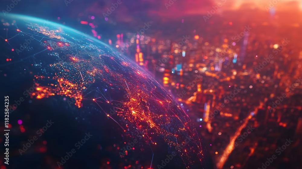 Global Network Connections: Futuristic Earth at Night Global Network Connections: Futuristic Earth at Night