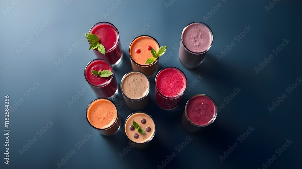 Overhead bird’s eye view, rich burgundy and deep blue, healthy smoothies in various colors served in tall glasses on a stylish gradient background, sophisticated and elegant top-down perspective Overhead bird’s eye view, rich burgundy and deep blue, healthy smoothies in various colors served in tall glasses on a stylish gradient background, sophisticated and elegant top-down perspective