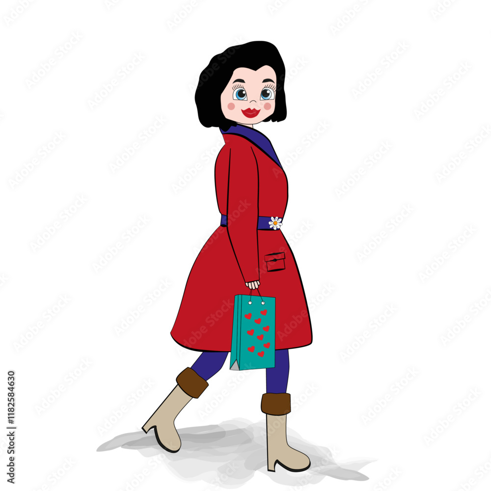 Mujer con abrigo rojo de compras. Mujer con abrigo rojo de compras.
