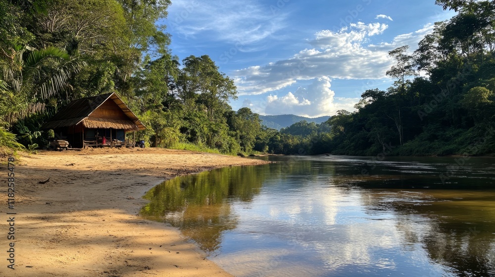 Serene River Cabin nestled in a Tropical Forest