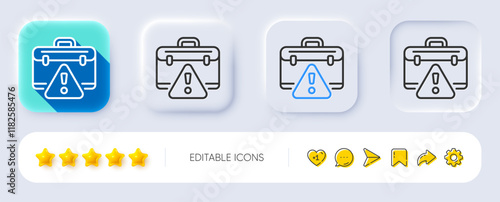 Warning briefcase line icon. Neumorphic, Flat shadow, 3d buttons. Attention triangle sign. Caution diplomat symbol. Line warning briefcase icon. Social media icons. Vector