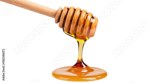 Honey dripping from a wooden honey dipper isolated on white background. background removed