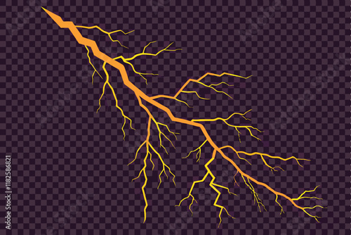 Lightning bolt, electrical discharge, glowing orange, jagged lines, energy streak, transparent background, dark atmosphere, luminous effect, electric power, storm visual, dynamic force, abstract elect